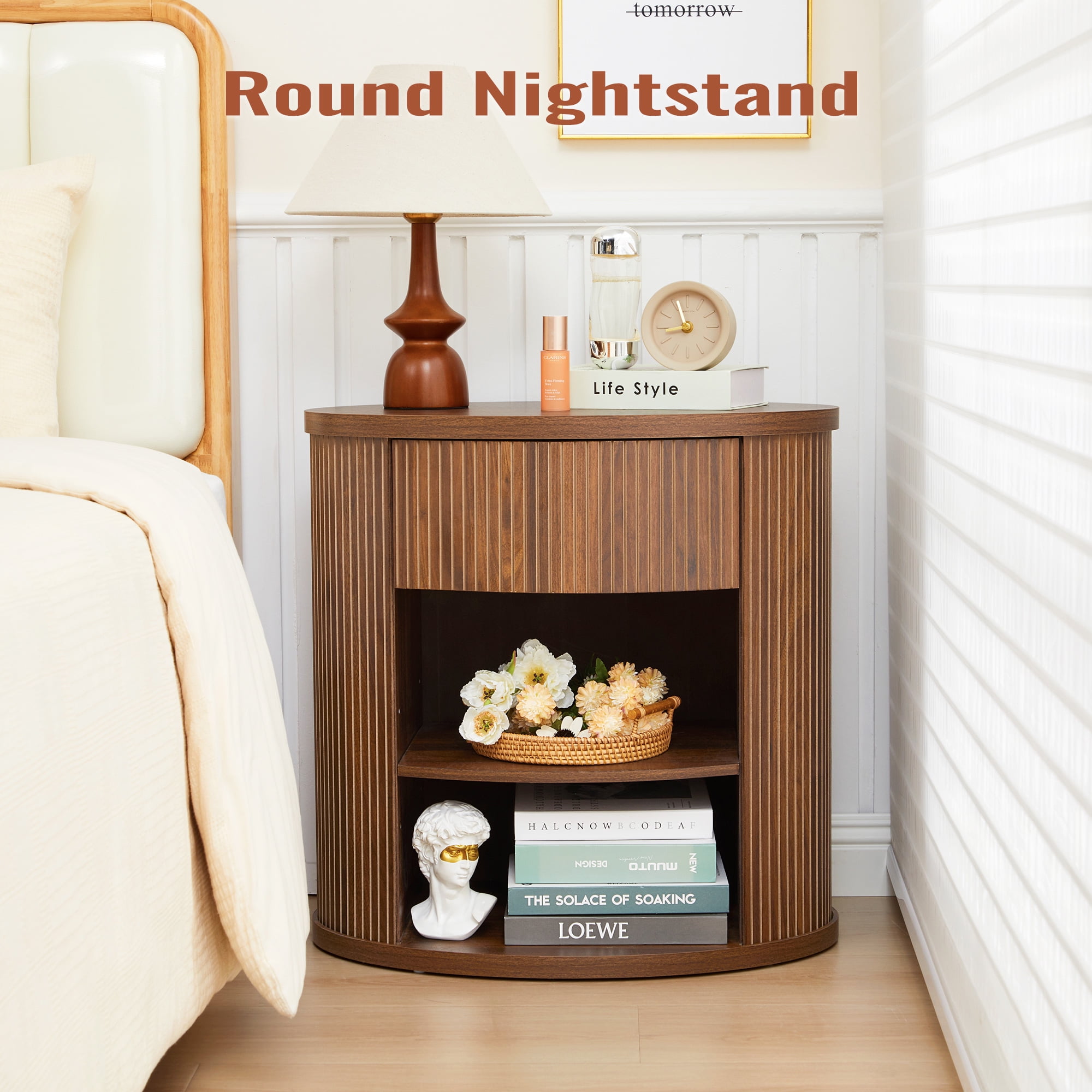 YOCWO Oval Nightstand with 1 Drawer and Adjustable Shelf for Bedroom with Carved Line Design, Round End tables for Living Room, Walnut