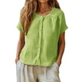 thumbnail image 3 of Oversized Tshirts for Women Linen Cotton Blend Button Down Shirt Casual Short Sleeve Neck Blouse Loose Fit Green Summer Tops for Women, 3 of 9