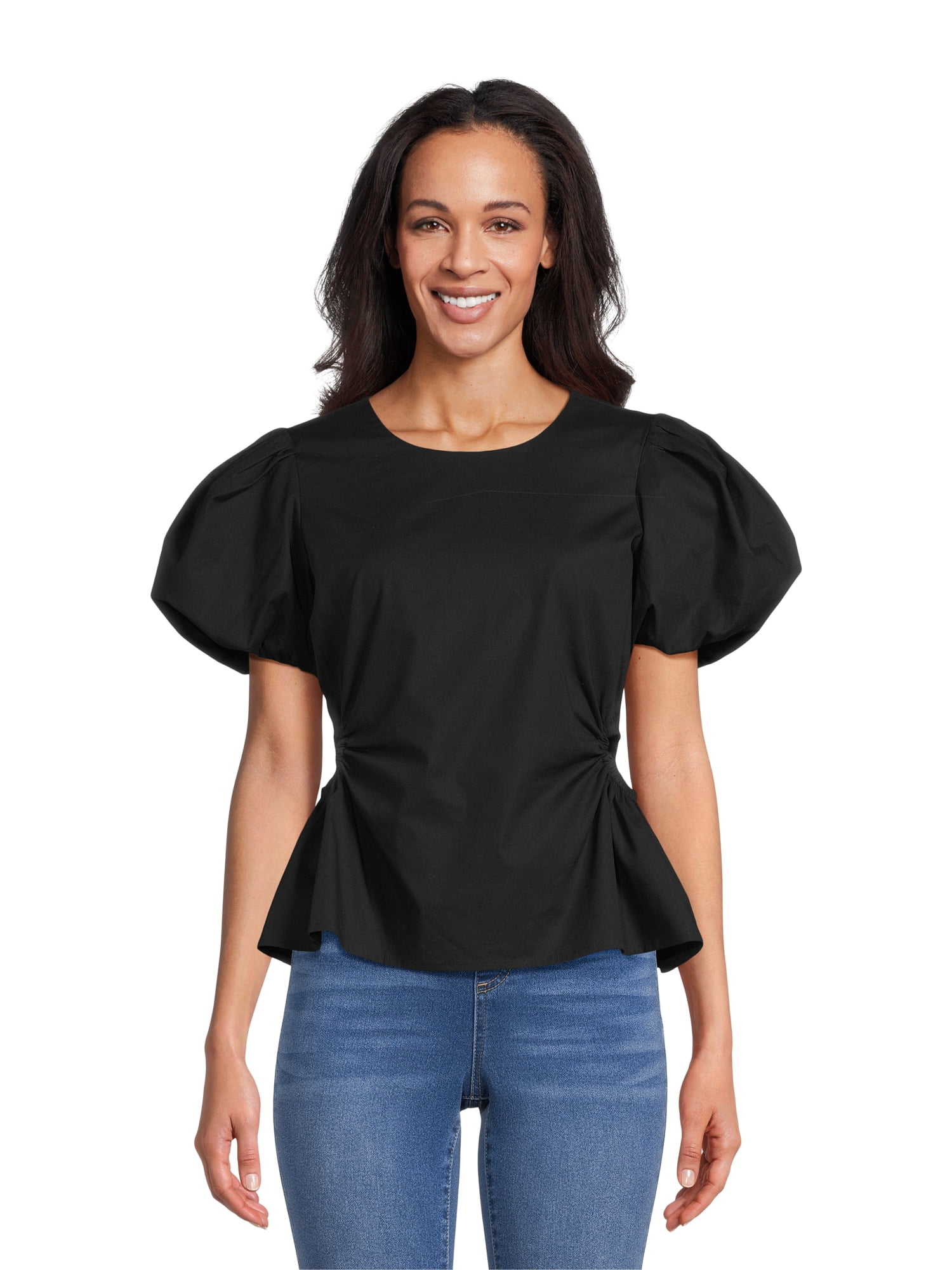Scoop Women's Poplin Puff Sleeve Top with Cutouts, Sizes XS