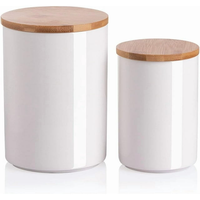 Kitchen Ceramic Food Storage Containers Set, Stackable Canisters for Countertop with Airtight Boomboo Lids for Serving Ground Coffee, Tea, Sugar, Salt and More- Set of 2 (White)