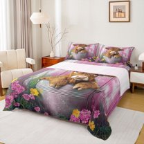 Castle Fairy Teens Boys Girls Brown Highland Cow 4pcs Bed Sheets,Rustic Farmhouse Animal King Sheets,Floral Flowers Vintage Aesthetic Super Cozy Sheet Set,Super Cozy Room Decor