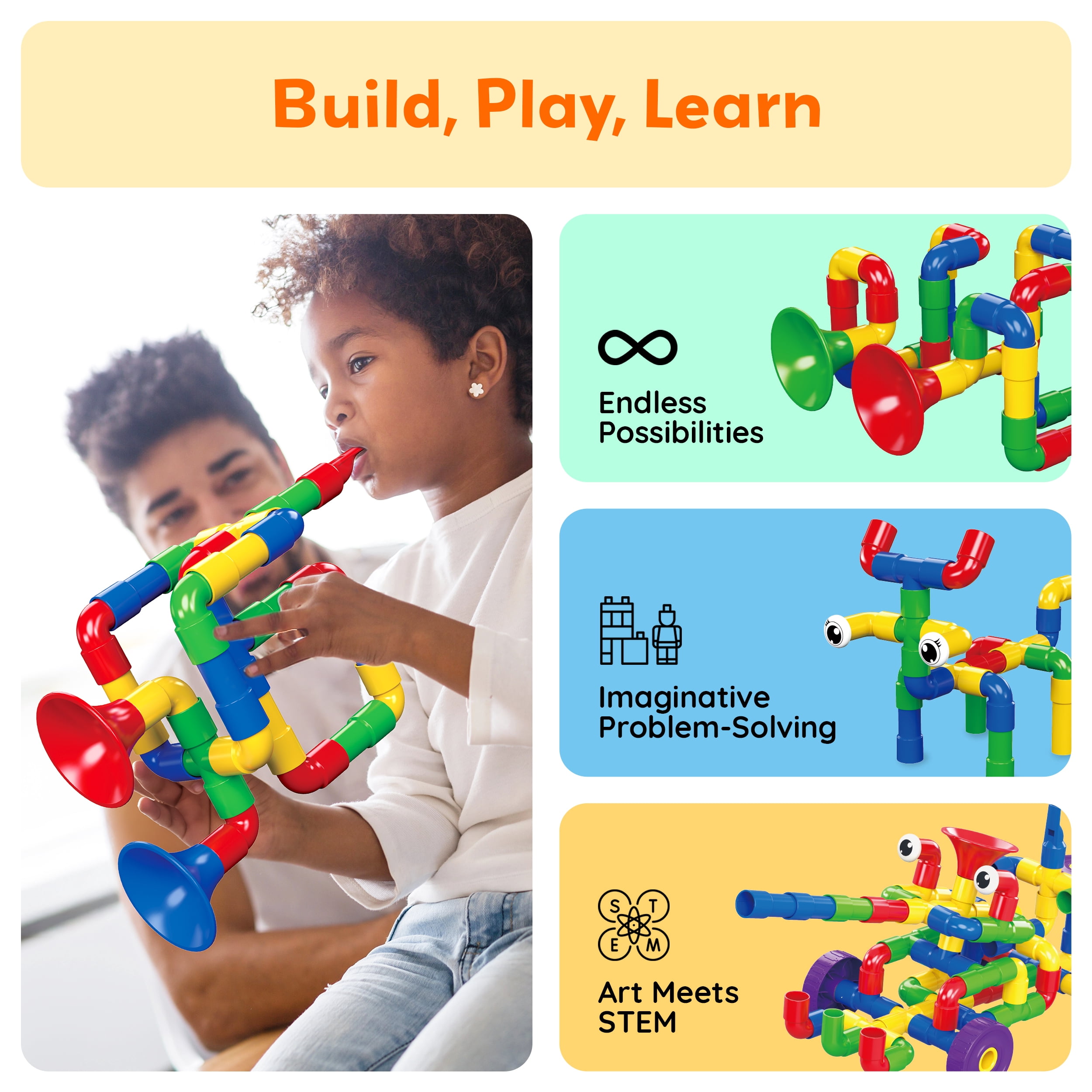 PicassoTiles 136PCS Pipe Tube Wheel Construction Building Blocks Set – STEM Educational Toy for Kids