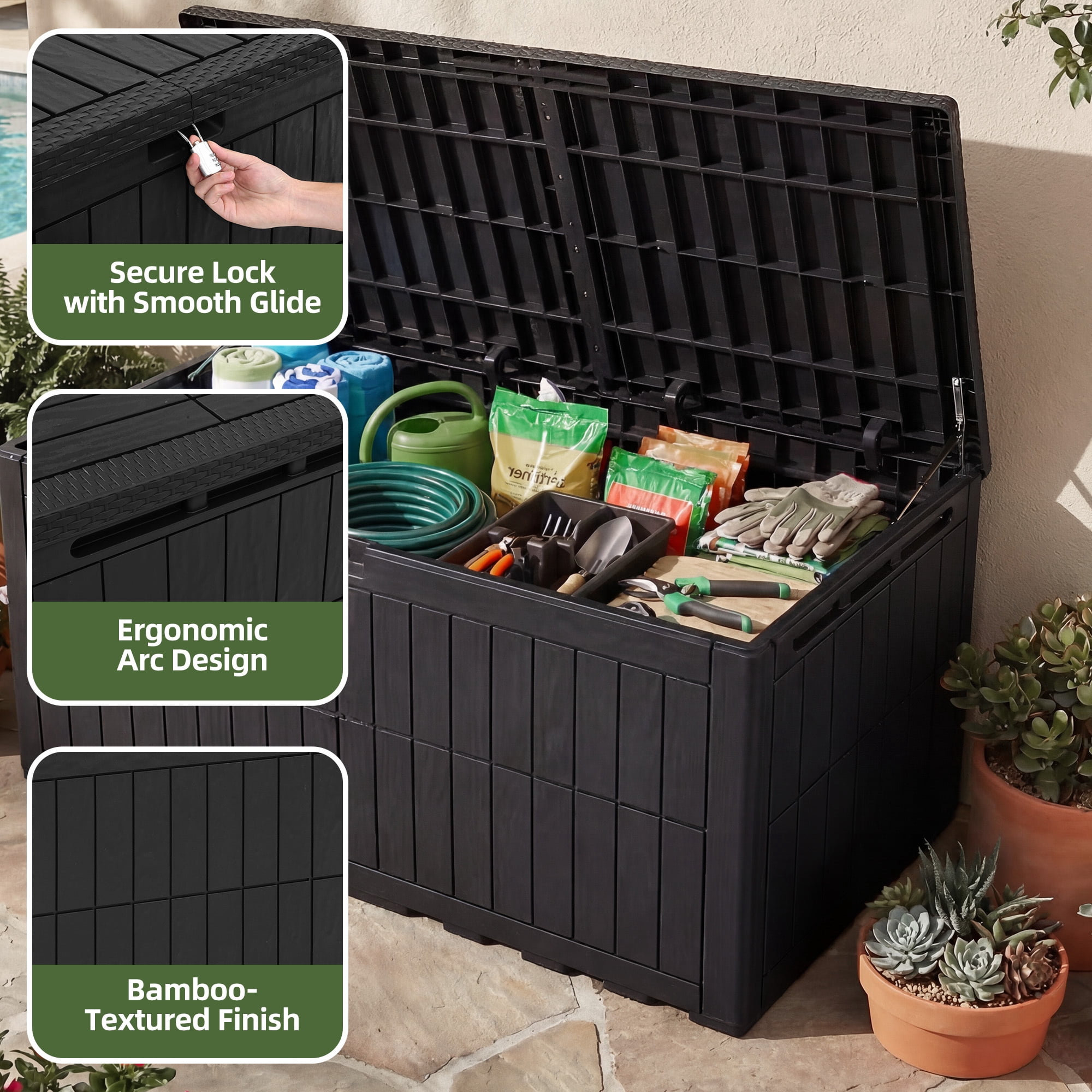Uforic XXL 240 Gallon Outdoor Storage Deck Box, Waterproof Resin Patio Storage Container with Lockable Design, 3-Person Bench Seat for Garden Tools, Pool Supplies and Patio Cushions, Black
