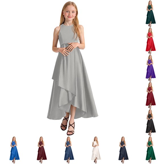 WAYUTE Girls Dress Elegant Formal Princess Dress Sleeveless Asymmetric Hem Solid Color for Kids Recital Performance Pageant,Grey