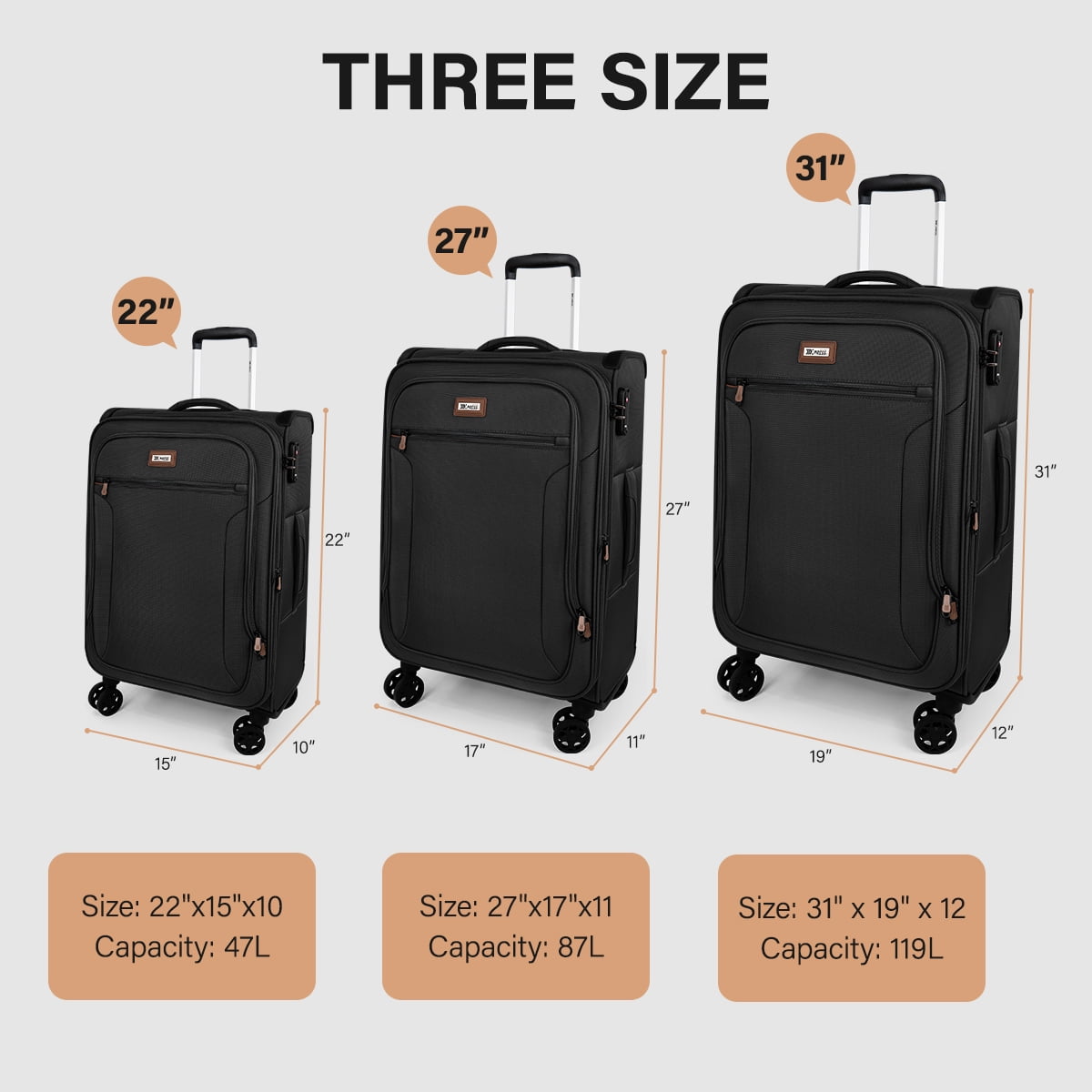 3 Piece Softside Luggage Set, Expandable Soft Shell Spinner Luggage with Front Opening, Lightweight Durable Suitcase TSA Lock Approved, 20"/26"/28", Black(XJ1097)