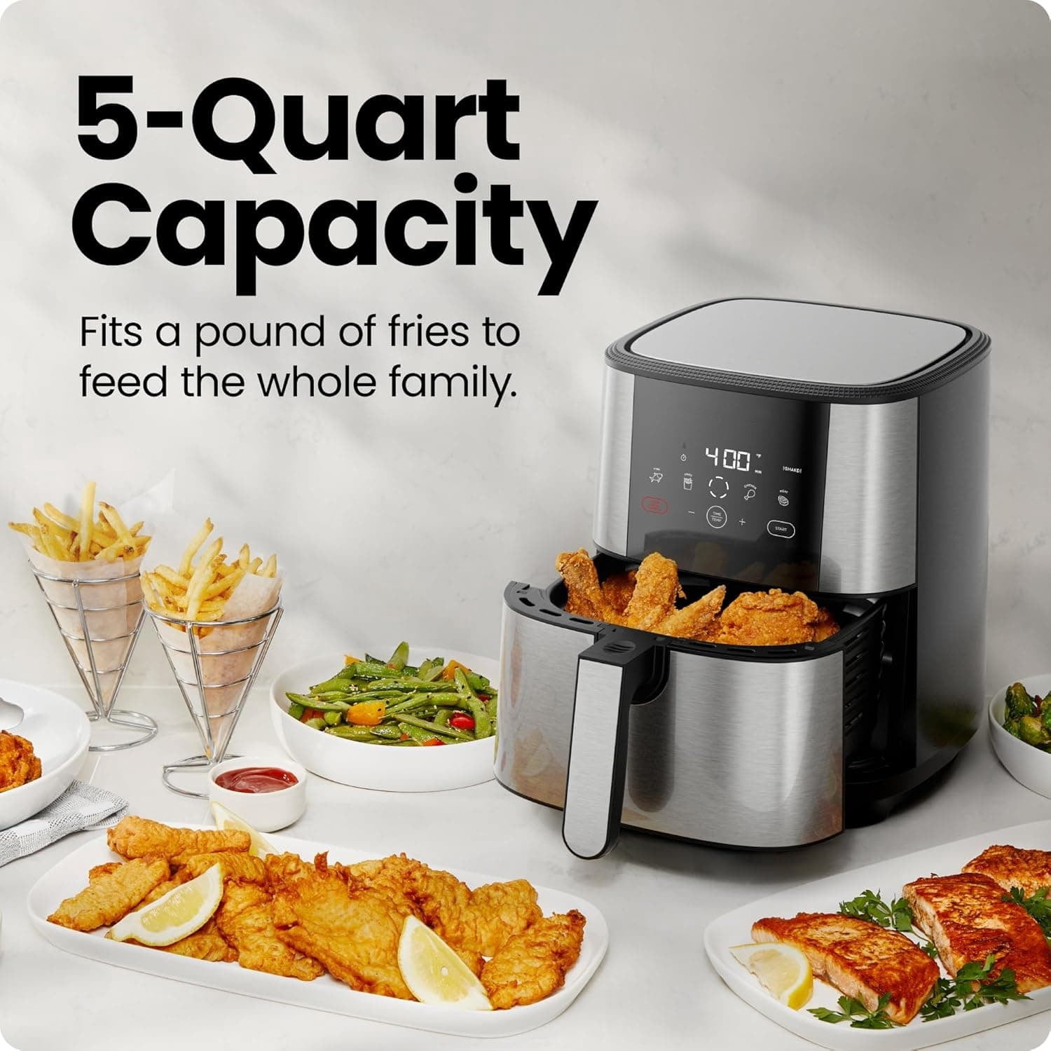 Air Fryer, Large 5-Quart Family Size, One Touch Digital Control Presets, French Fries, Chicken, Meat, Fish, Nonstick Dishwasher-Safe Parts, Automatic Shutoff, Stainless Steel