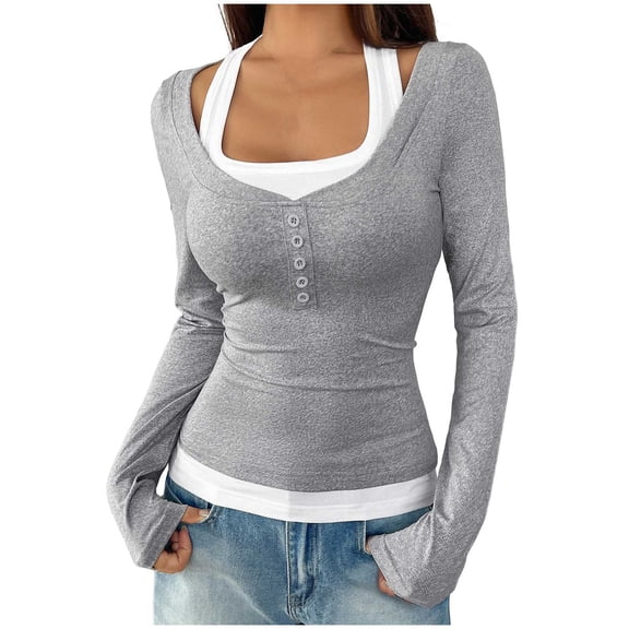 Lenpel Women's Long Sleeve T-Shirts Square Neck Quarter Button Color Block 2 in 1 Slim Tee Tops Soft Casual Blouses(Gray,X-Large)