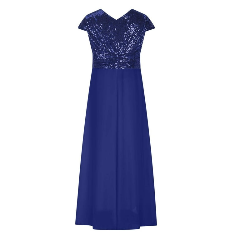 Oplxuo Women's Sequins Patchwork Tulle Maxi Dress, Cap Sleeve Elegant Empire Waist Swing Cocktail Party Evening Dresses, Size: Small, Blue
