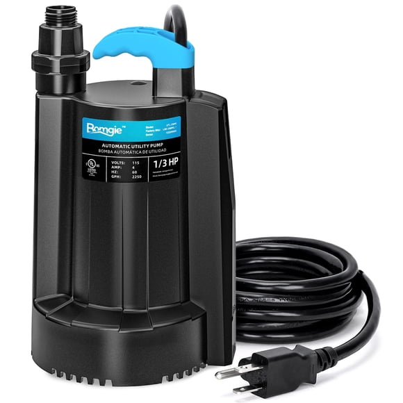 BOMGIE 1/3 HP Automatic Water Pump, 2250GPH Submersible Utility Pump with 3/4” Garden Hose Check Valve Adapter Portable Electric Sump Pump Remo