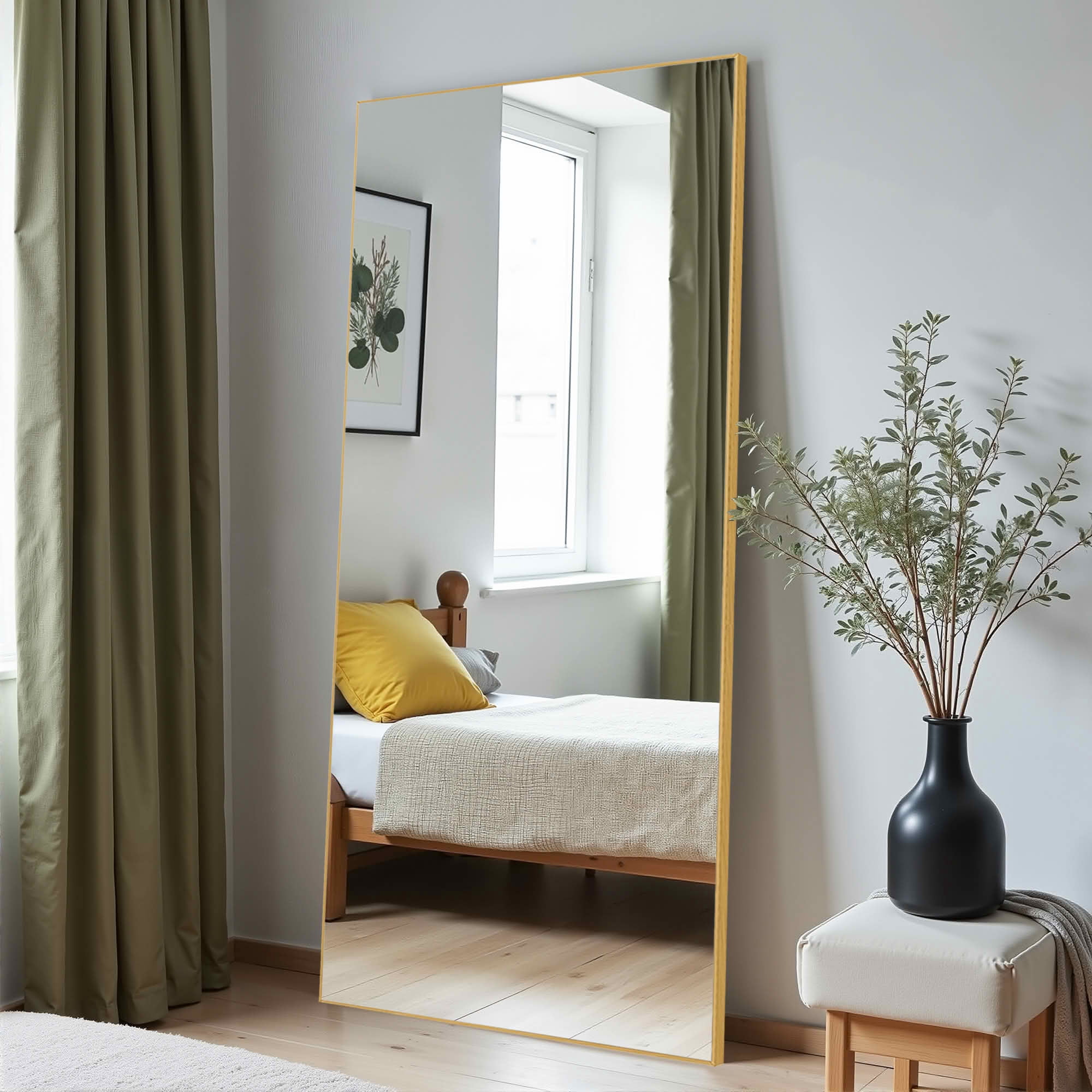 MAYEERTY 71x34x1 Inch Gold Thin Edge Aluminum Right Angle Rectangular Full Length Mirror, No Stand for Bedroom