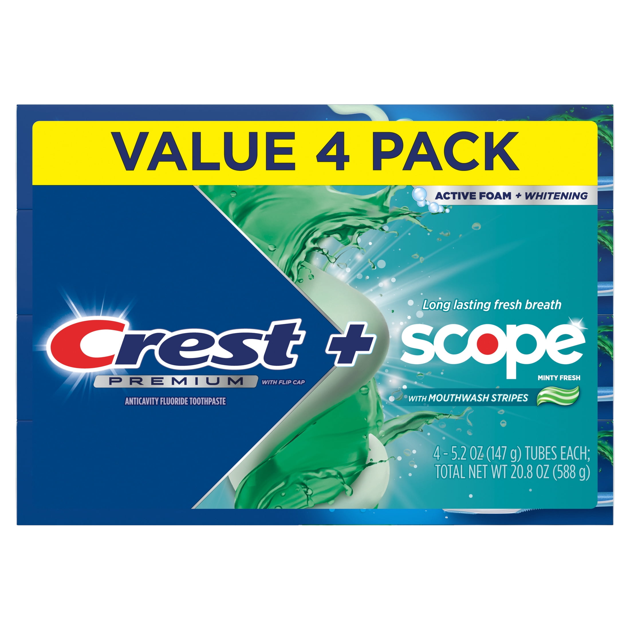 Crest Premium Plus Scope Whitening Toothpaste with Mouthwash Stripes, Minty Fresh, 5.2 oz, 4 Pack