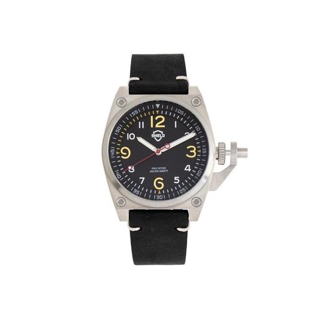 Shield SLDSH102-1 Pascal Leather Band Men Diver Watch, Black & Silver