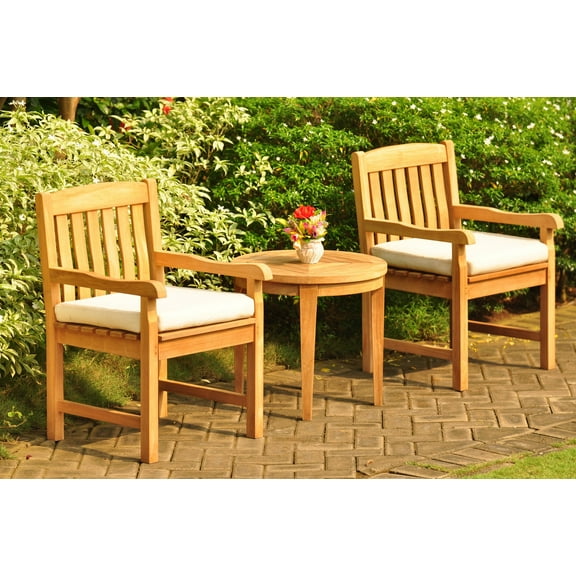 Teak Dining Set: 2 Seater 3 Pc: 23.5" Noida Round Side Table & 2 Devon Arm/Captain Chairs Outdoor Patio Grade-A Teak Wood WholesaleTeak #WMDSDVc