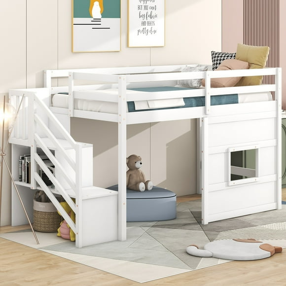 Euroco Wood Twin Size Loft Bed, House Bed with Storage Staircase for Kids, White