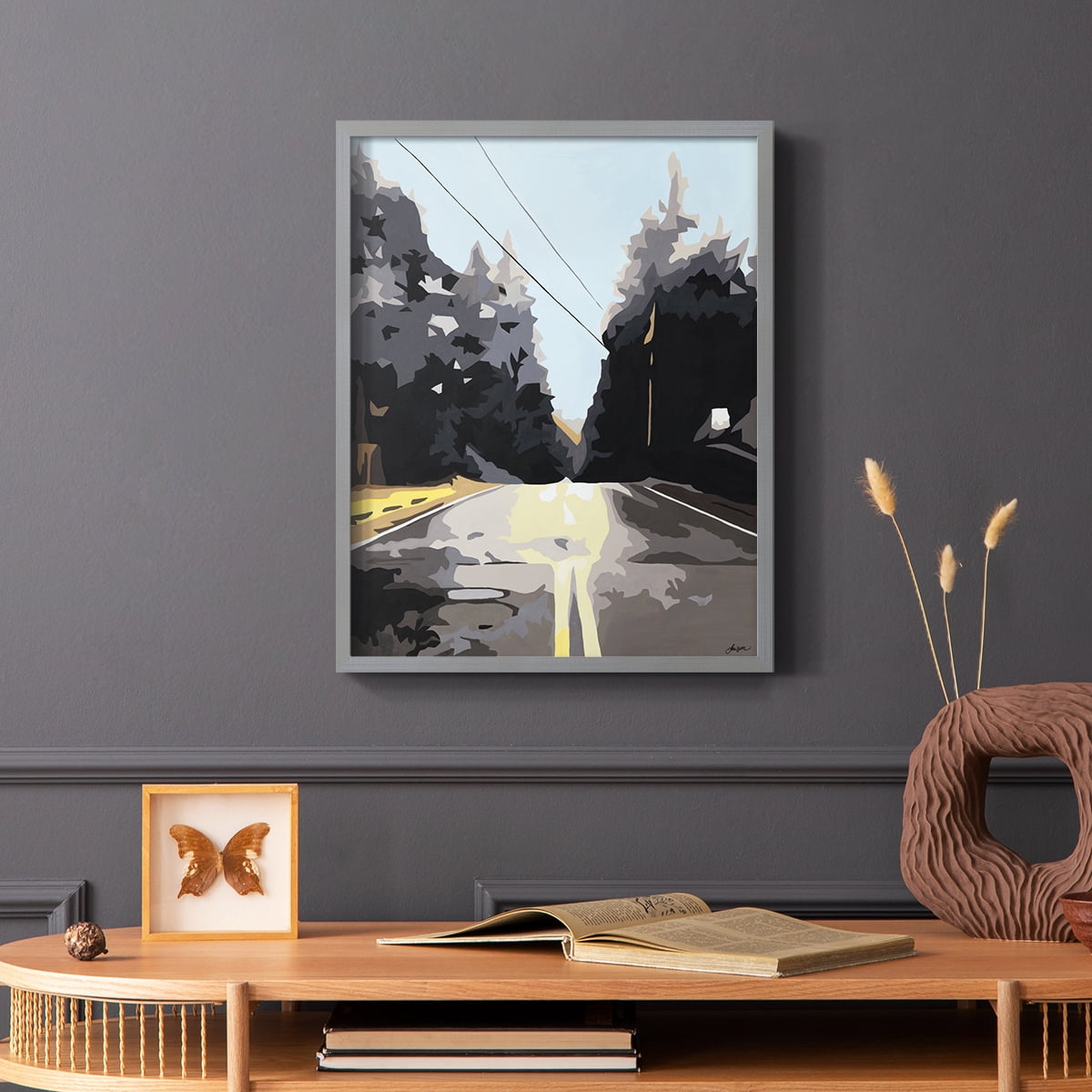 THE ROAD LESS TRAVELED Framed Print in Gray Solid Wood Framed Print No Nail Hanging
