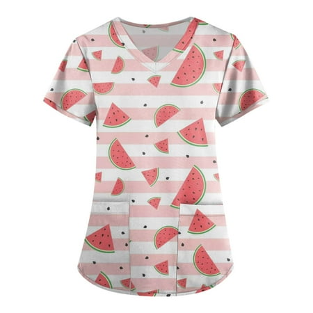

QAZXD Womens Tops Women Fashion Print V-neck Short Sleeve Scrub Tops With Pockets Tops（Buy 2 Get 1 Free）