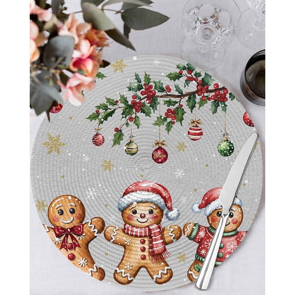 15 Inch Round Placemats Set of 4, Gingerbread Christmas Non Slip Heat Insulation PP Table Mats, Xmas Balls Branches Grey Washable Place Mats for Kitchen Dining Party Table Decor