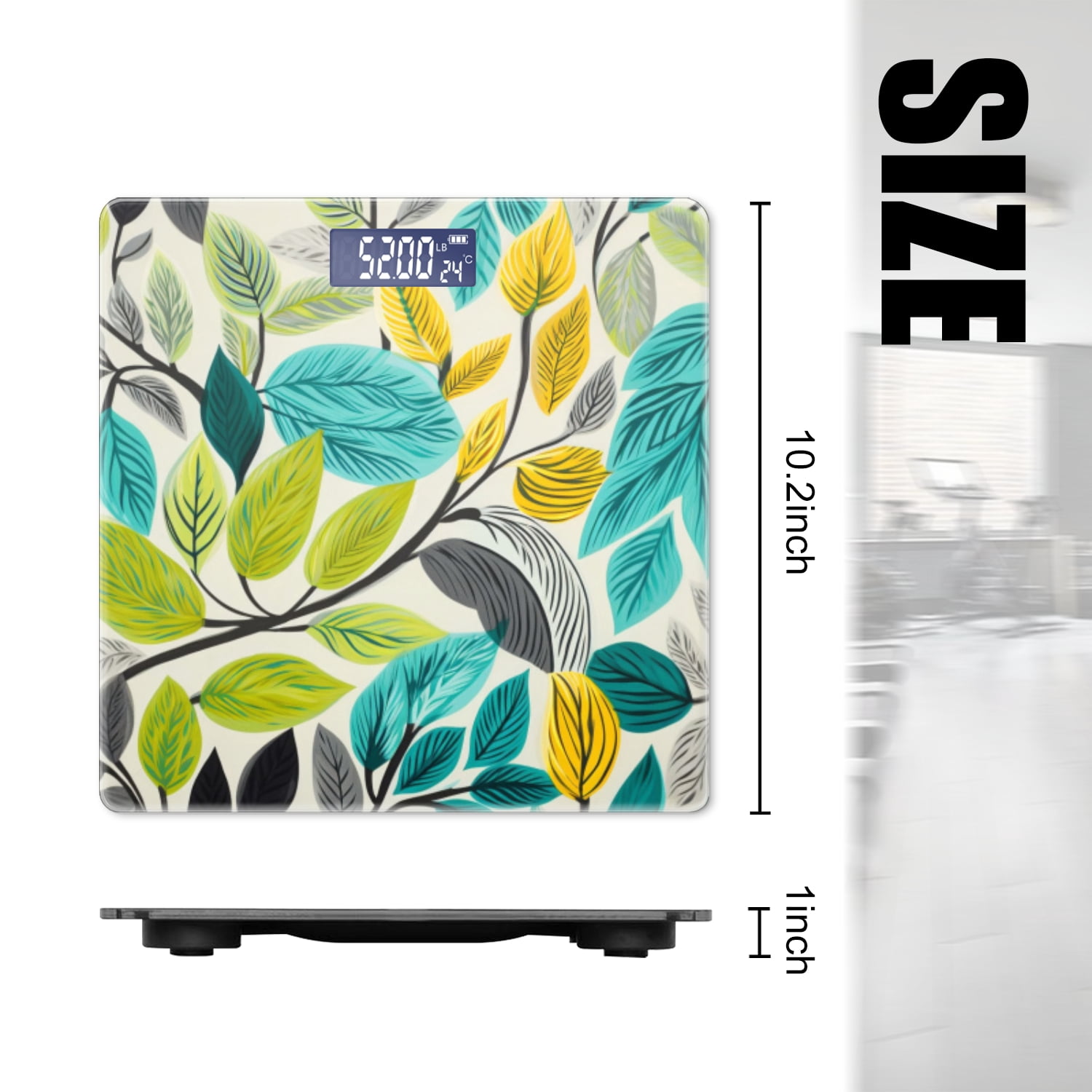 Bathroom Scale, Highly Accurate Digital Body Scale,Precisely Measures Weight up to 400 lbs-Leaves And Branches In Teal On White Background