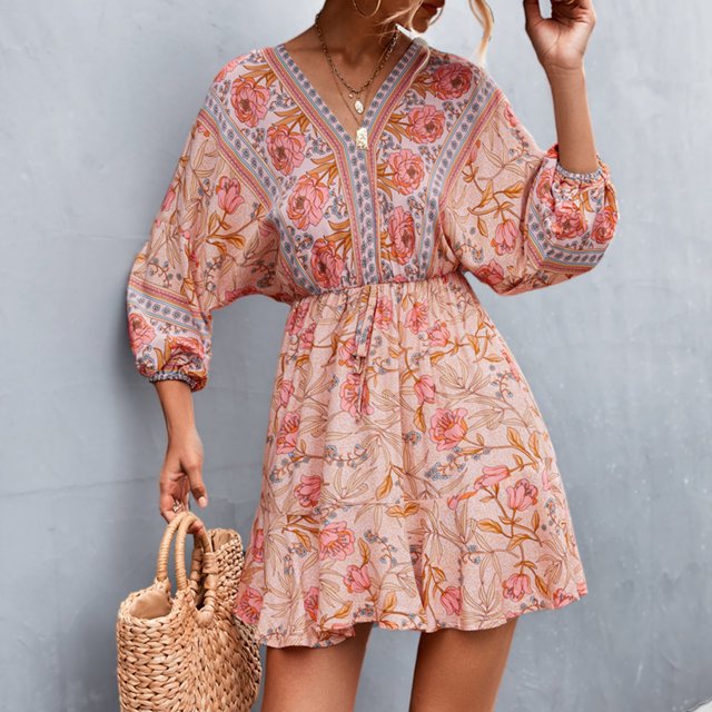 Vestido Floral Con Cuello En V, Mangas Largas Abullonadas Vestido Corto Floral Para Mujer Poliuretano Hermoso Elástico Cintura Alta Correa Trasera Para La Vida Diaria ANGGREK Otros