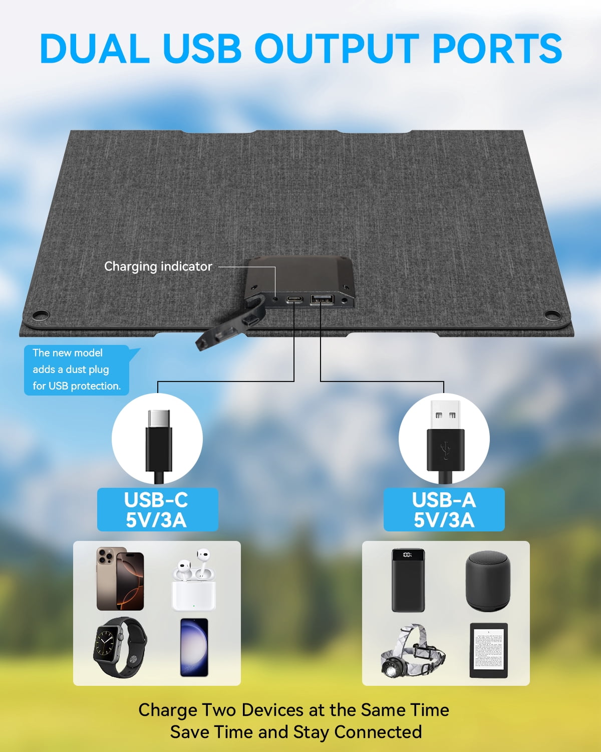 Ecosonique 30W Portable Foldable Solar Panel with USB C & USB A Fast Charging Waterproof for Camping Backpacking Compatible with Cell Phone, iPhone, iPad, Samsung Galaxy, LG, Power Banks