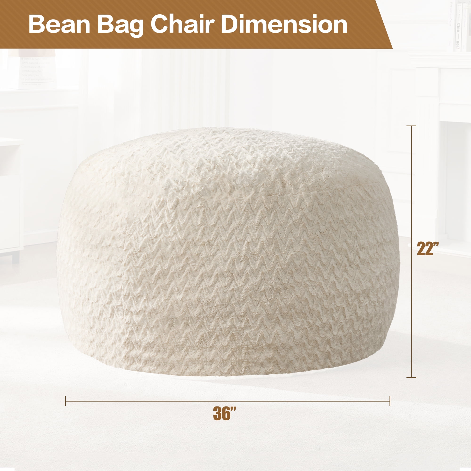 Hobestluk 3ft Bean Bag Chairs for Adults Large Beanbag Chair with Chevron Plush Fur Cover Big Bean Bag Chair for Living Room Bedroom Dorm Office - White (36” x 36” x 22”)