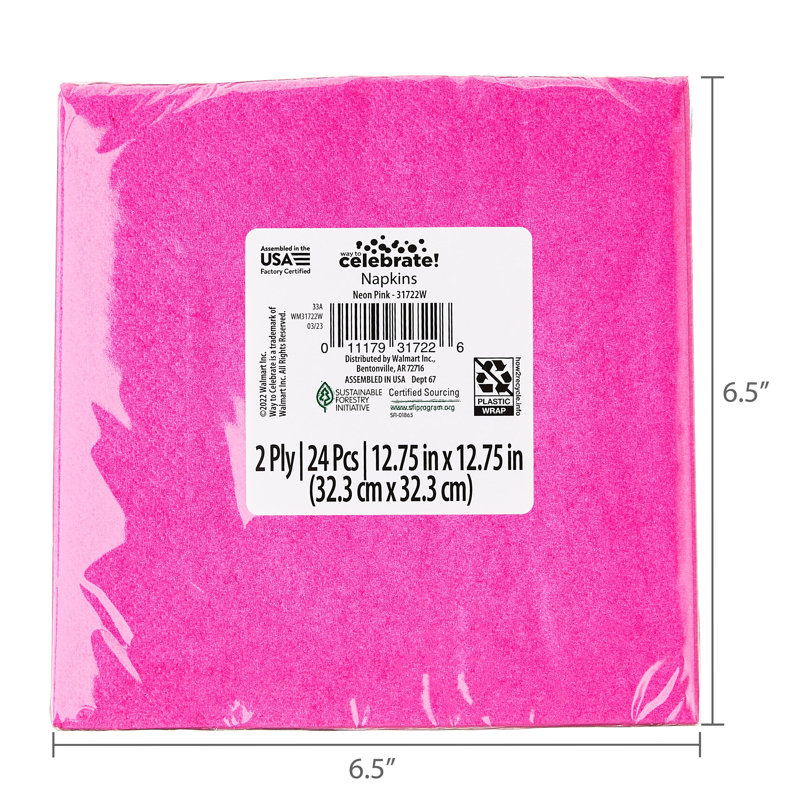 (2 pack) 6.5" x 6.5" Disposable Neon Pink Paper Napkins, 24 Count, by Way To Celebrate