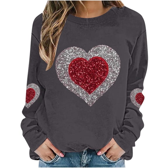 Stamzod Valentine Sweatshirts for Women Trendy 2025 Heart Printed Long Sleeve Sweat Shirt Cute Crewneck Sweatshirt Women Valentines Tops Dark Gray C XL