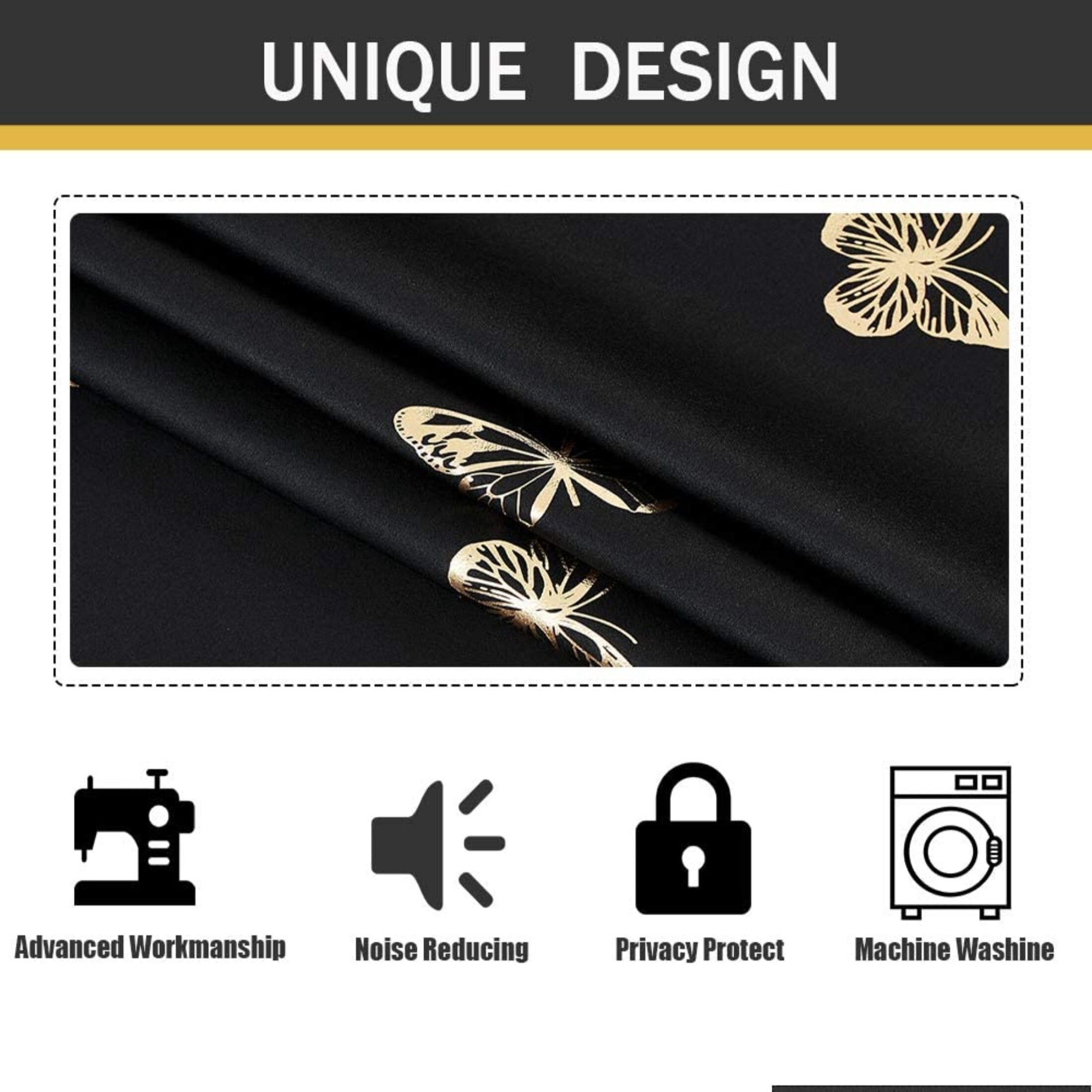 Flowpartex Butterfly Blackout Curtain Panels Set of 2 for Living Room Darkening Black and Gold Foil Print Grommet Top Window Drapes for Nursery Kids Bedroom, 63"L×52"W