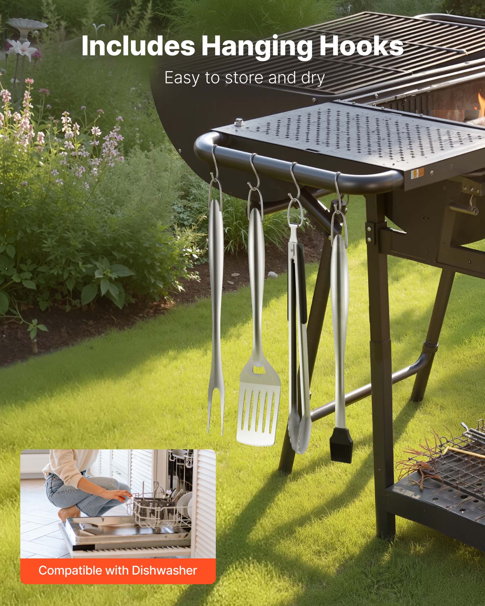 VEVOR Grilling Accessories, 4PCS BBQ Grill Tool Set, Heavy Duty Stainless Steel Barbecue Tools, Kitchen Utensils with Tong, Spatula, Fork, Brush, for Outdoor Grills, Gift for Father Men Husband