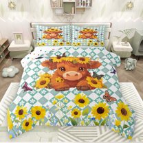 jejeloiu Kawaii Cow Cattle Queen Comforter Set,Rustic Sunflower Bedding Sets,Cute Cartoon Flowers Bedding Comforter Set For Boys Kids,Luxury Bedroom Decor Reversible,3-Piece
