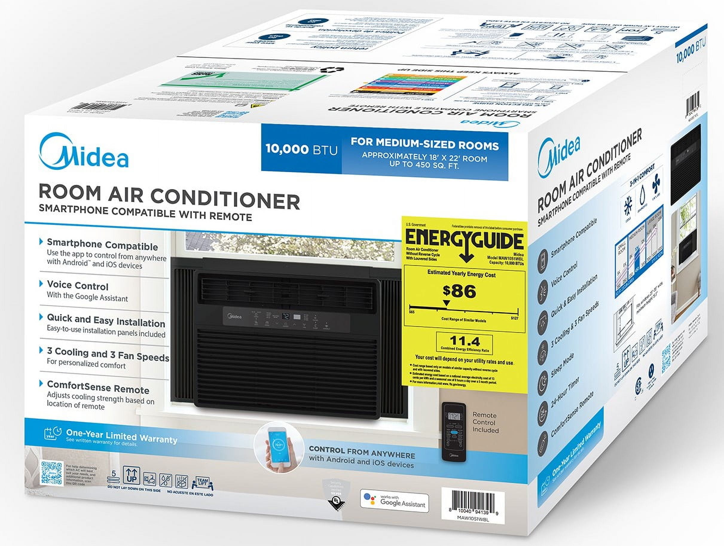 Midea 10,000 BTU Window Air Conditioner, Cools Up To 450 Sq Ft, Comfortsense Remote, Black