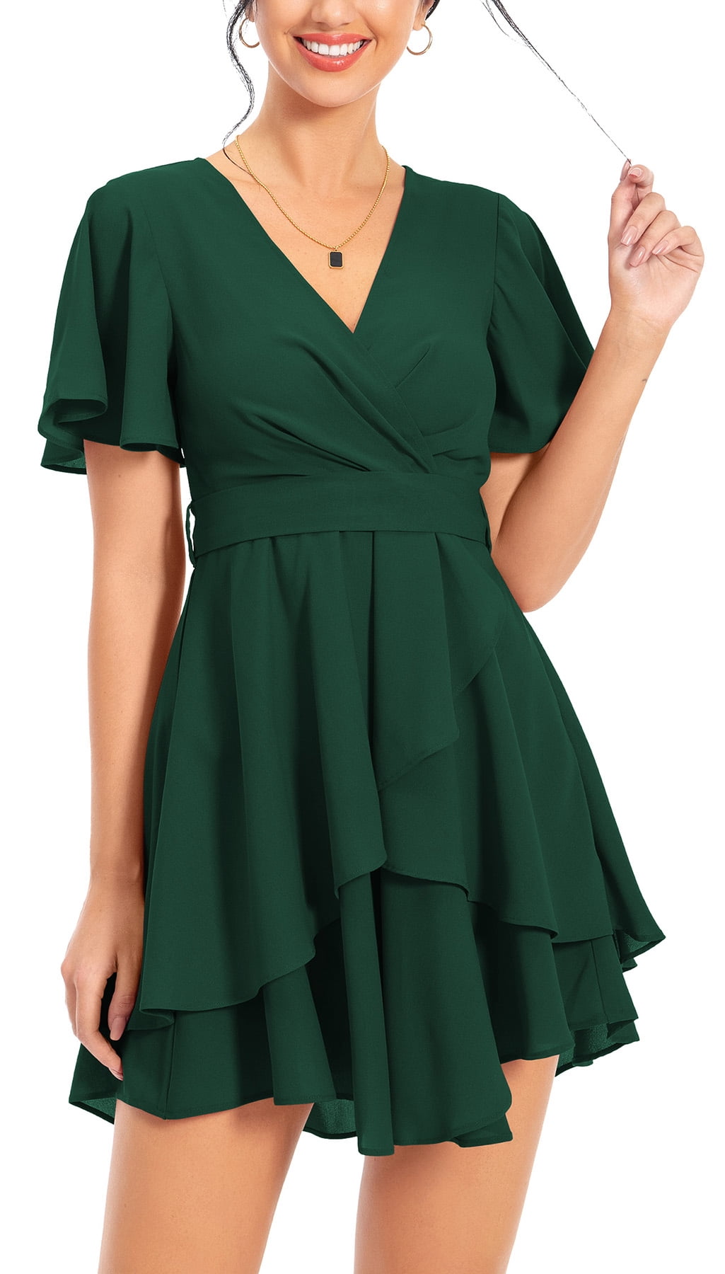 Aiyino Women's Dress Deep V-Neck Short Sleeve Waist Tie Ruffle Mini Swing Skater  Dresses,Dark Green - Walmart.com