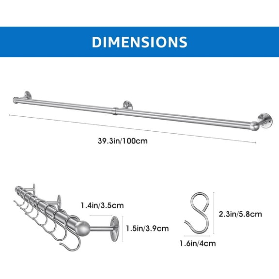 ROTHLEY Hanging Pot Rack Hanger: 39.4 Inch Stainless Steel Pot and Pan Hanger Pot Rack Wall Mounted Hanging Pots and Pans Rack Pot Hangers for Kitchen Wall Kitchen Rail with Hooks (Brushed)