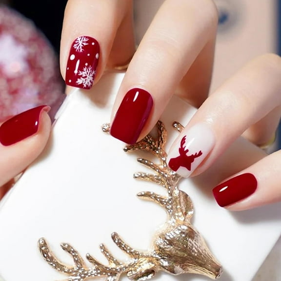 Christmas Tree Fake Nails White Snowflake Press on Nails Glossy Winter Xmas Acrylic Nails with Red French Tip Glue on Nails Medium Square Stick on Nails for Women DIY New Year Manicure Multicolor