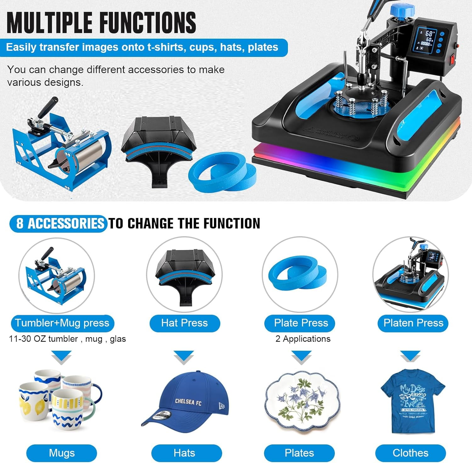 SHZOND Protable Heat Press 15x15 Inch, 5 in 1 Heat Press Machine with 30OZ Tumbler Press,Swing Away T Shirt Press Machine, Combo Tumbler Heat Press Machine Sublimation for T-Shirt Cap Mug Plate