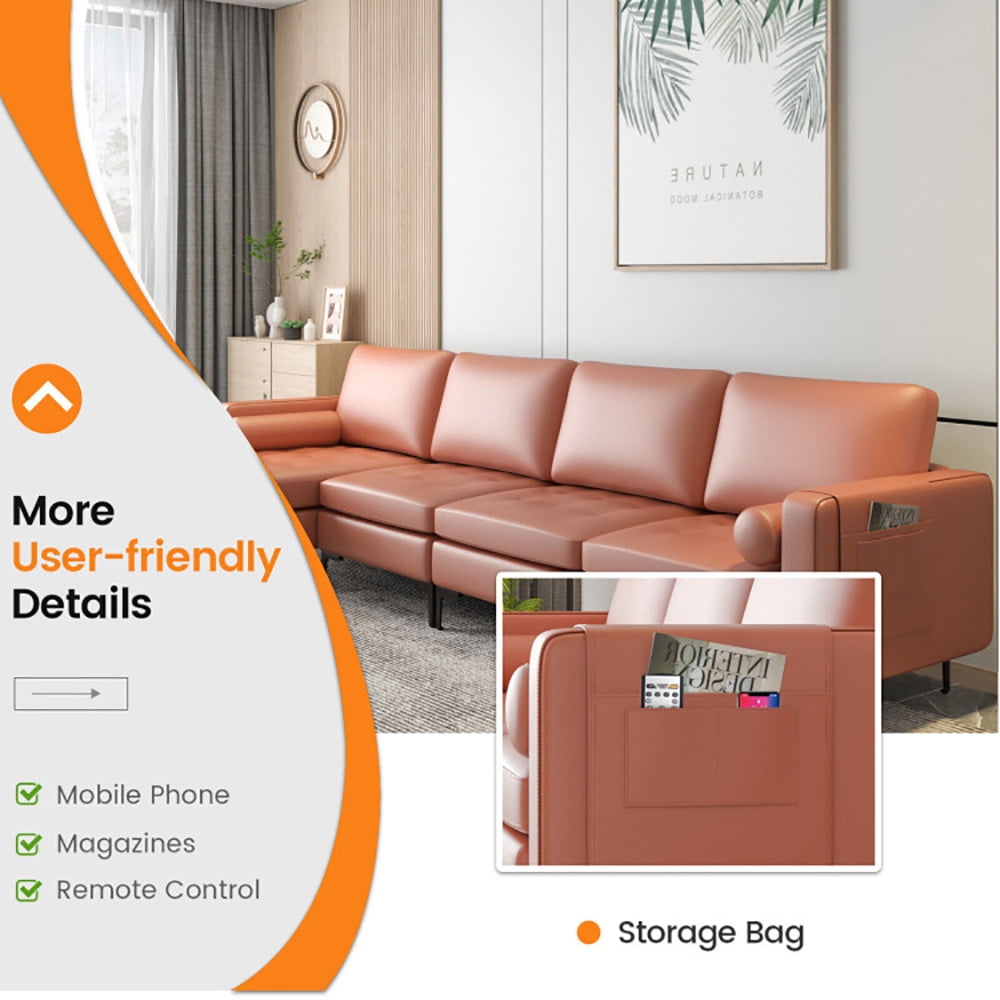 Finihen L-shaped Sectional Sofa Couch, Modular L-shaped 4-Seat Sectional Sofa with Reversible Chaise, for Living Room, Pink Finihen L-shaped Sectional Sofa Couch, Modular L-shaped 4-Seat Sectional Sofa with Reversible Chaise, for Living Room, Pink
