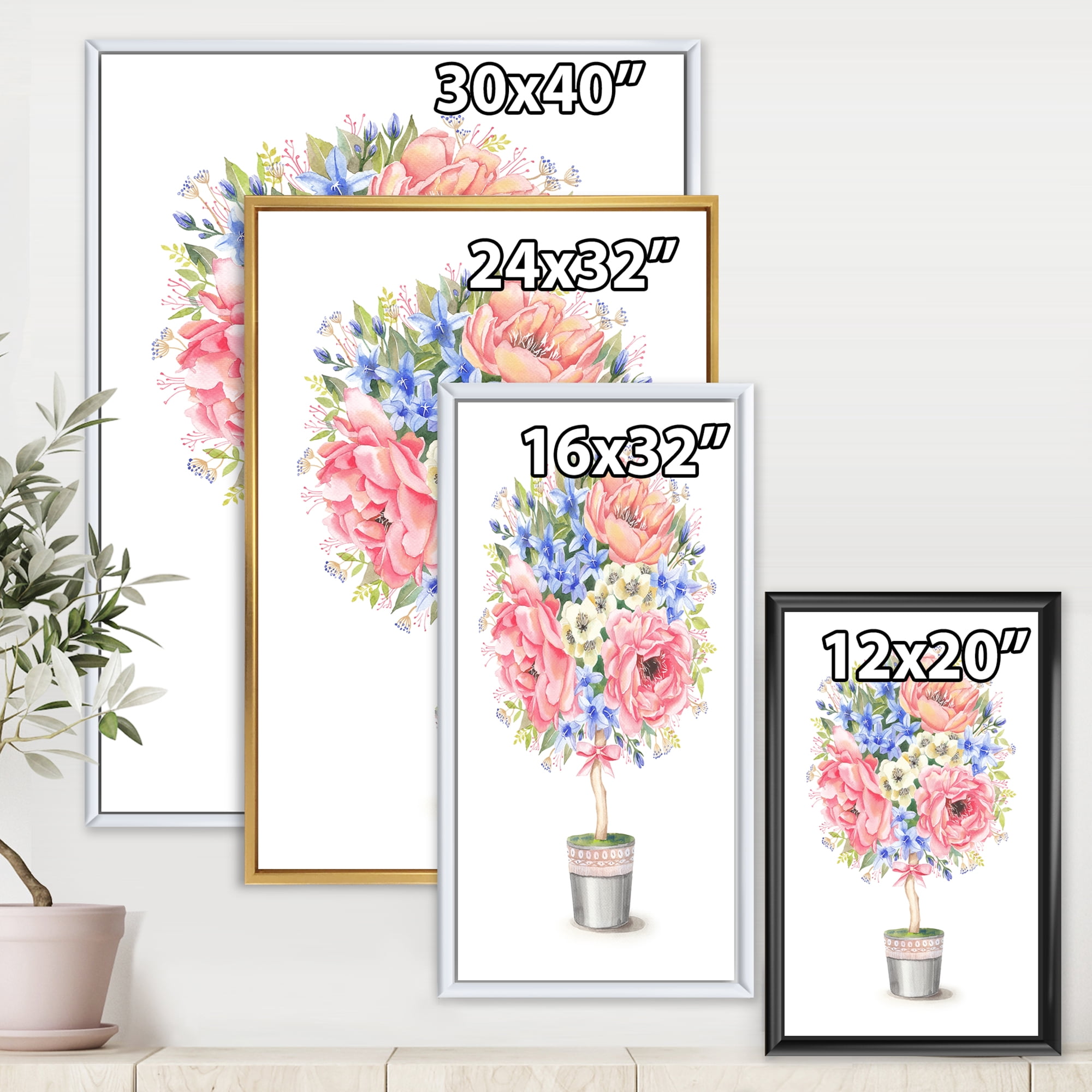 Designart 'A Bow With Flower Tree In A Pot' Farmhouse Framed Canvas Wall Art Print