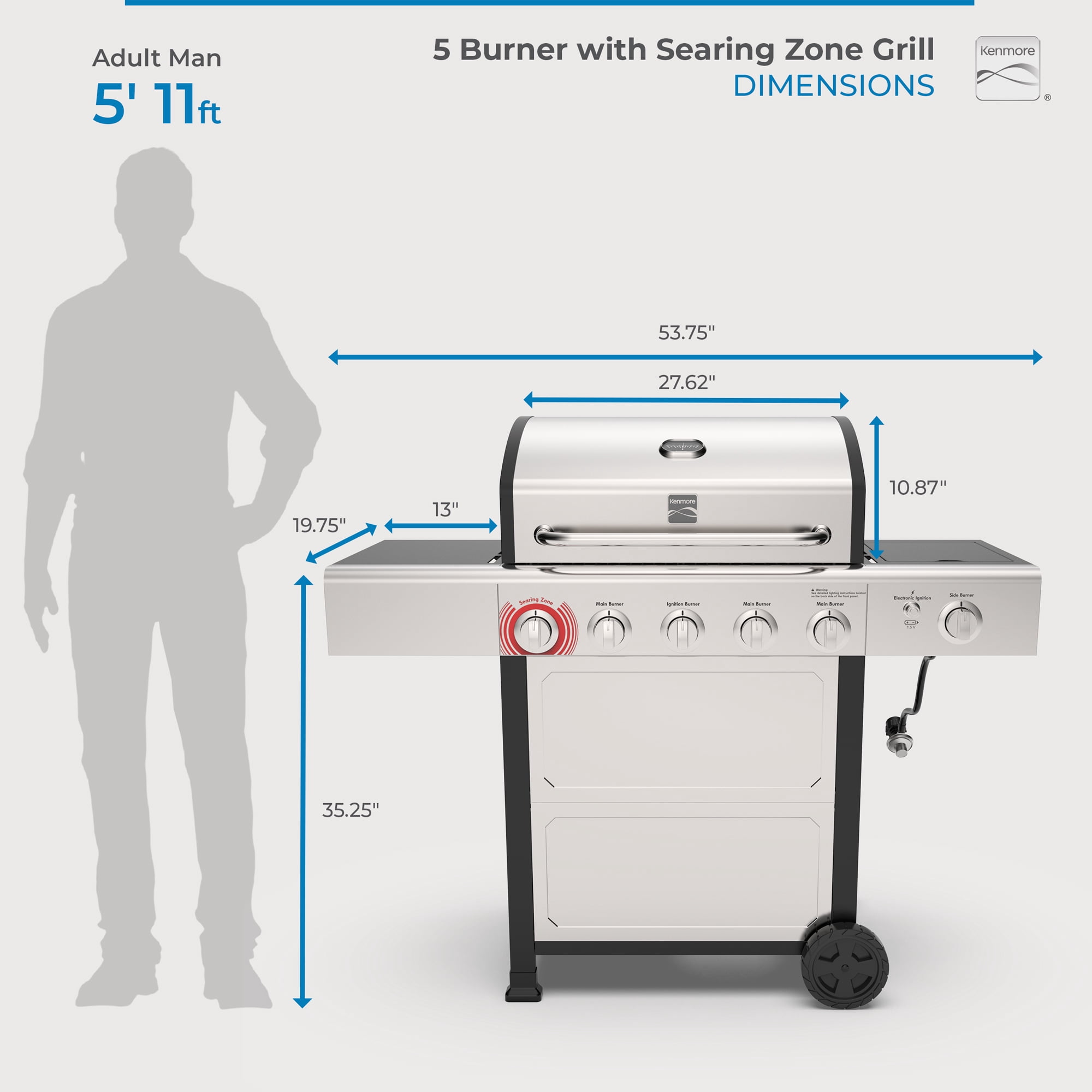 Kenmore BBQ Propane Gas Grill - 5 Burners with Side Burner & Searing Zone, 644 Sq. In. Stainless Steel Grill, 66,000 BTU, Ideal for Outdoor Cooking, Patio & Backyard, Silver