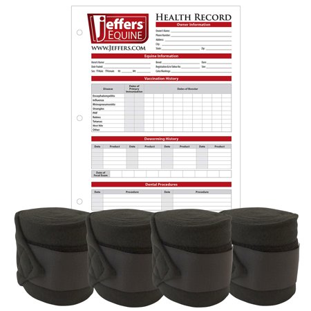 Jeffers Horse Fleece Polo Wraps 4 Pack and Equine Health Record 1 Pack Kit – Leg Wrap Accessories for Training Riding Turnout Stable, Hoof Care Tracker, Equestrian Horse Supplies - Black