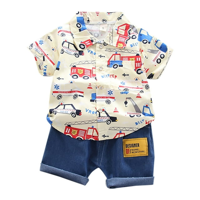 HABDGIKS Boys Shorts Set Outfits Cute Tops Short Sleeve T-Shirt Button Down Infant Cartoon Clothing Suits