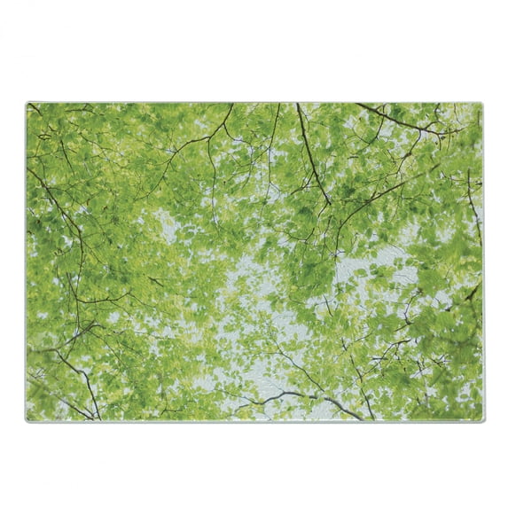 Leaves Cutting Board, Fresh Summer Branches Leaves of a Tree Epic View from the Ground Growth Botanical Picture, Decorative Tempered Glass Cutting and Serving Board, Small Size, Green, by Ambesonne