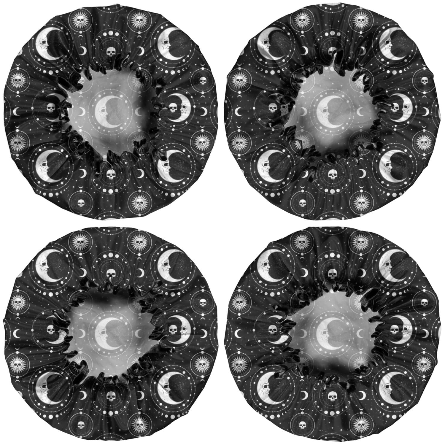 Shower Caps,Black Moon Skull Pattern Waterproof Shower Cap for Women 4 Pieces,Double Reusable Hair Cover for Shower PEVA Elastic Stretch Hem