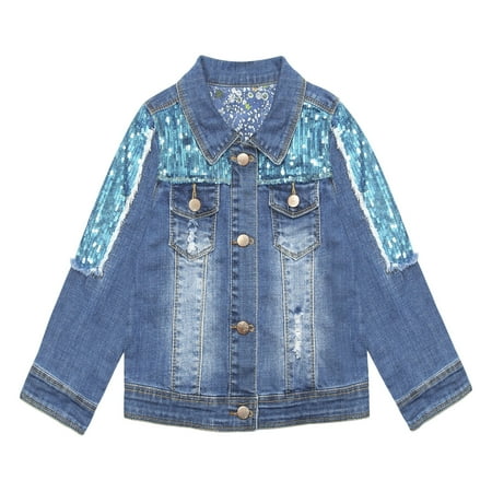 

KIDSCOOL SPACE Little Girl Blue Sequin Ripped Jean Outfit Jacket 8T