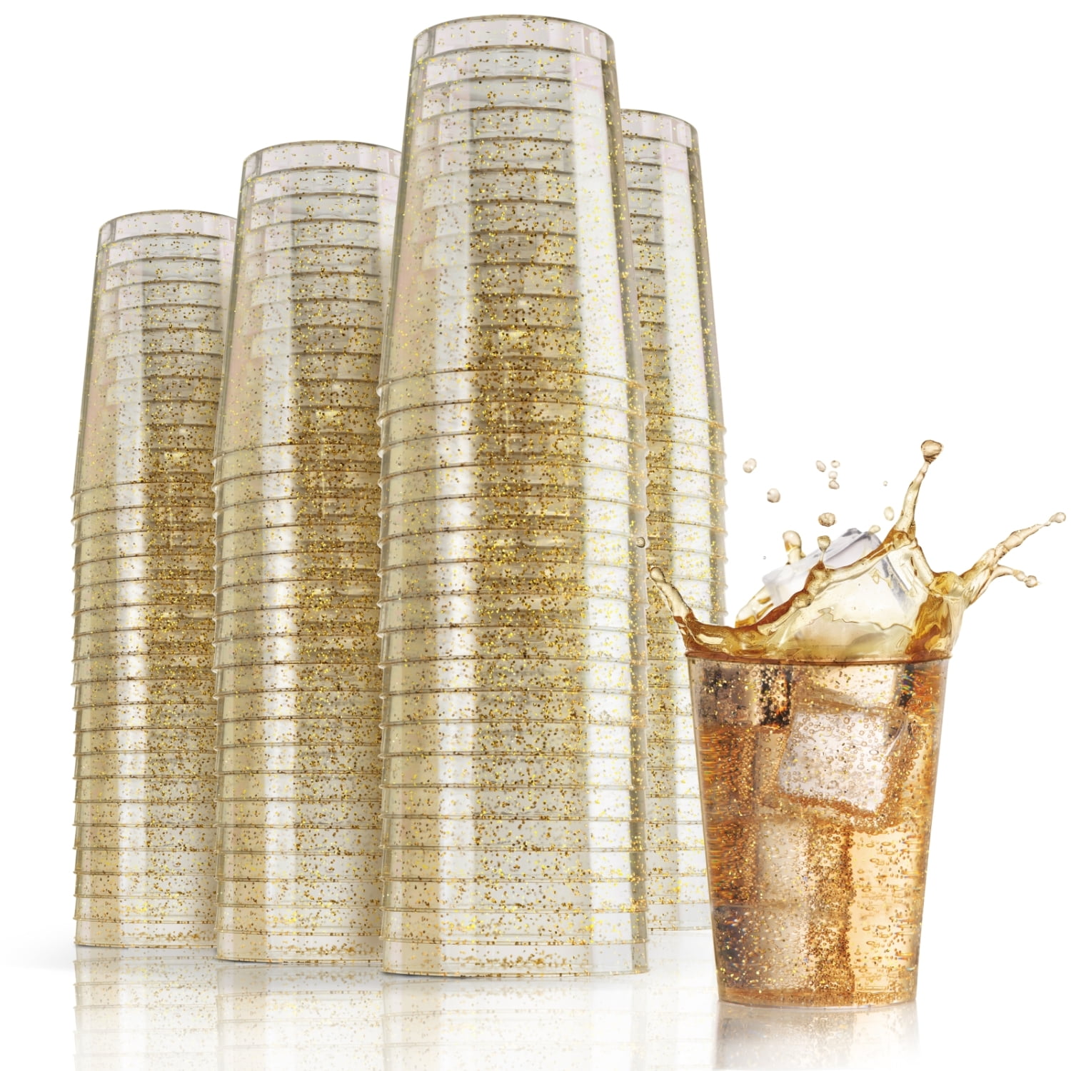 10 oz. Gold Glitter Clear Plastic Cups Tumblers Hard Plastic