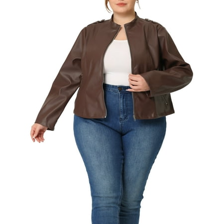 Unique Bargains Women s Plus Size Zipper Pocket Motorcycle Faux PU Jackets