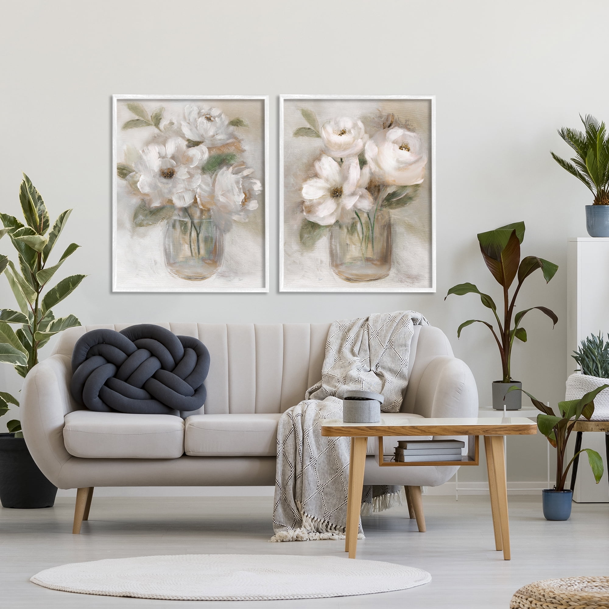 Stupell Industries Brushed White & Beige Roses 2 Piece White Framed Giclee Art Set, design by Nan
