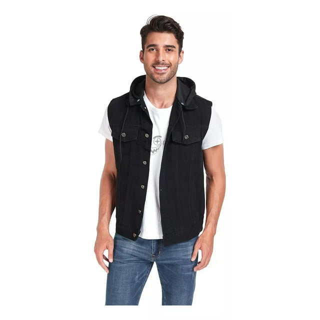 Chaleco Mezclilla Negro Hombre Capucha Algodón Desmontable