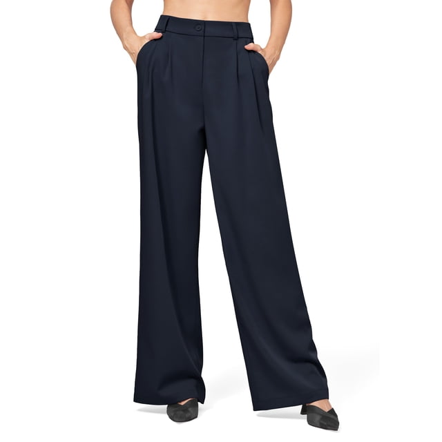 Pantalones de trabajo Willit de pierna ancha y cintura alta para mujer, azul marino, XL