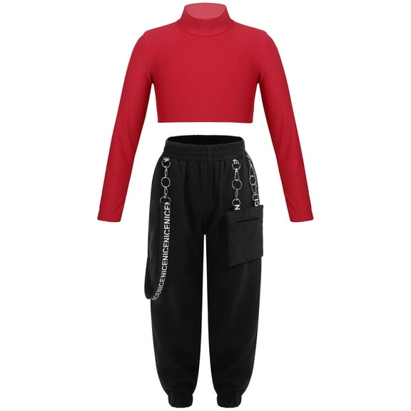 Yeahdor Girls Long Sleeve Crop Top with Chain Pocket Sweatpants Dance Outfit Hip Hop Street Dance Costume