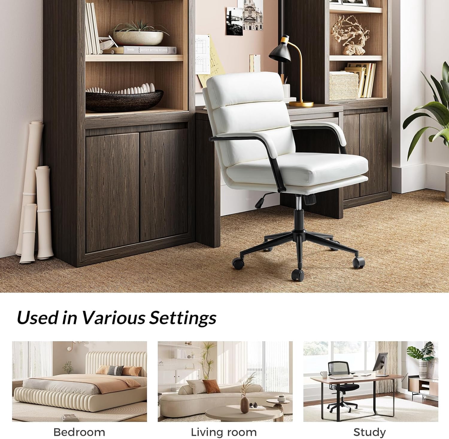Faux Leather Home Office Chair, Swivel Task Desk Chair with Padded Cushion, White